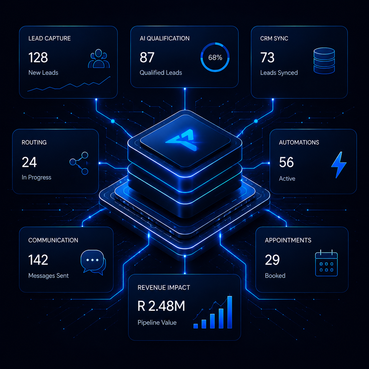 Arcane revenue infrastructure dashboard showing connected nodes: Lead Capture, AI Qualification, CRM Sync, Routing, Automations, Communication, Appointments, and Revenue Impact
