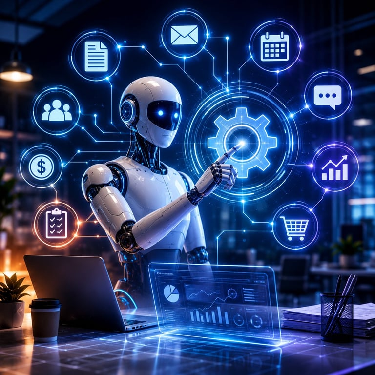 Humanoid robot at desk with laptop surrounded by glowing blue digital icons representing business functions and data analytics