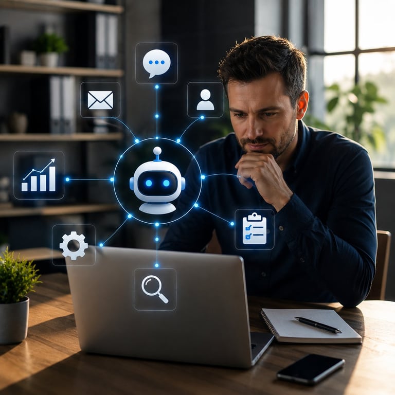 Man at desk with laptop surrounded by glowing AI assistant and digital communication icons