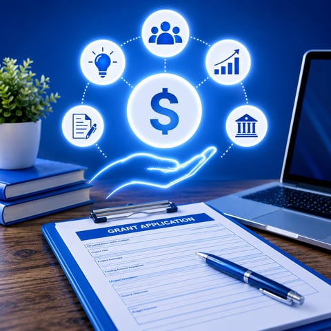 Digital illustration of grant application form on desk with glowing icons for money, people, ideas, banking, and growth above hands catching dollar sign