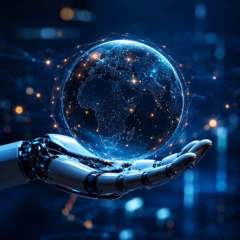 Robotic hand holding a glowing digital globe with interconnected network nodes on dark blue background