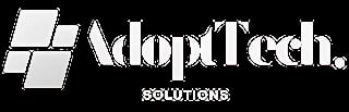 AdoptTech Solutions logo with geometric gray squares and white text on black background