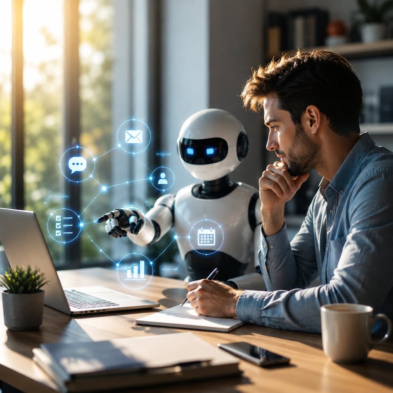 Man working at desk with AI robot assistant displaying holographic icons for communication, analytics, and productivity