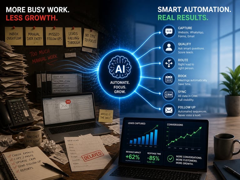 Infographic showing AI automation benefits with busy desk on left, glowing AI brain icon center, and growth charts on right displaying performance metrics
