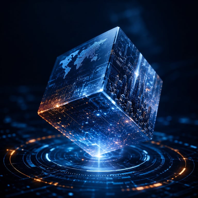 3D glowing digital cube with world map and circuit patterns hovering above futuristic blue and orange holographic interface