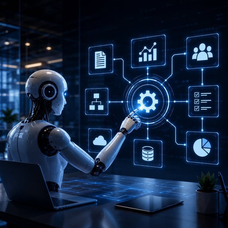 Robot at desk interacting with holographic interface displaying business analytics and workflow icons connected to central gear