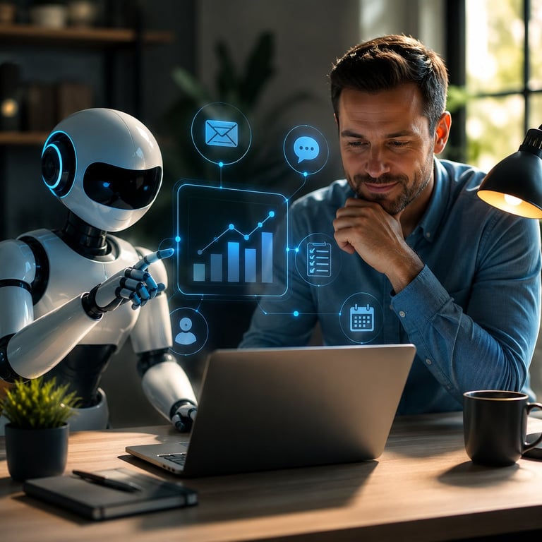 Man at desk with laptop working alongside humanoid robot with holographic business icons displayed
