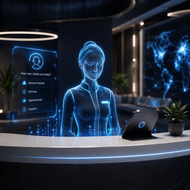Digital holographic AI receptionist at a futuristic desk with interactive menu and laptop in a modern office setting