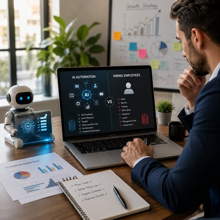 Businessman reviewing AI automation vs hiring employees comparison on laptop screen, with robot and data charts on desk