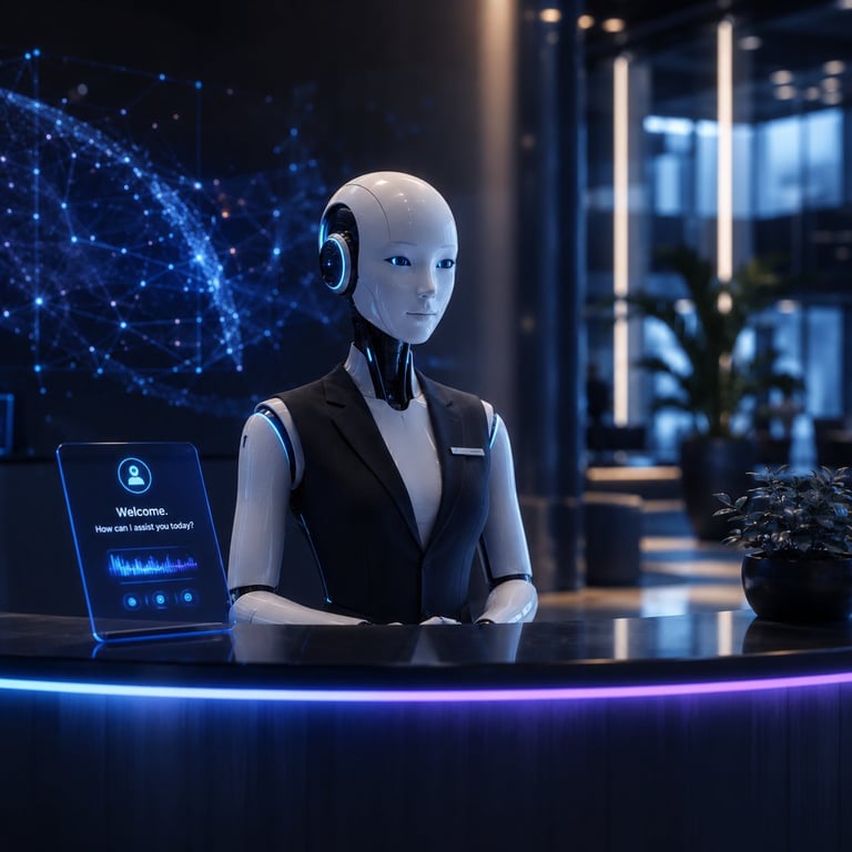 Futuristic android robot at reception desk with tablet and glowing blue interface in modern office