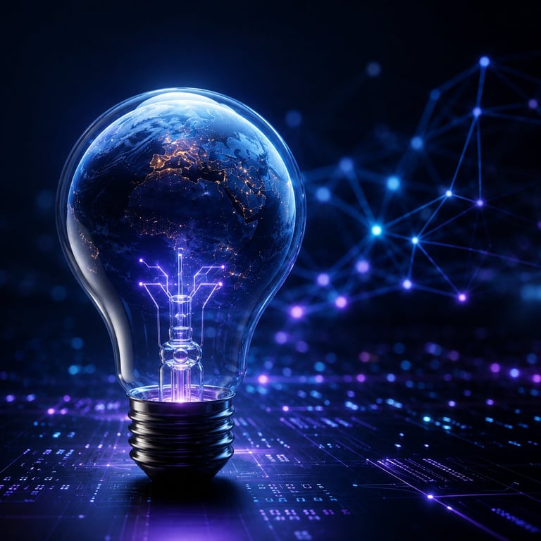 Glowing light bulb with Earth inside, connected to digital network nodes with blue light trails on dark background