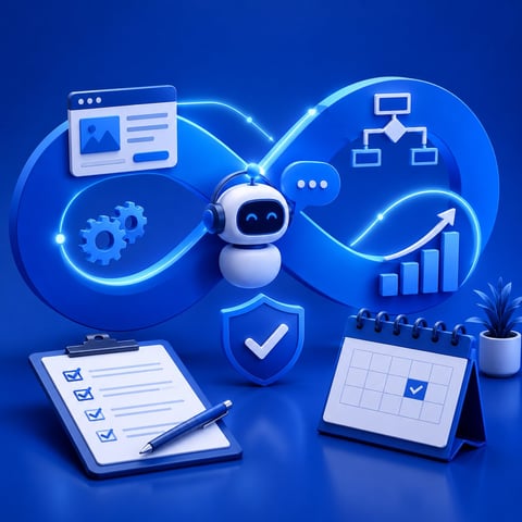 White robot surrounded by glowing blue icons representing workflow automation, analytics, tasks, and business processes on blue background