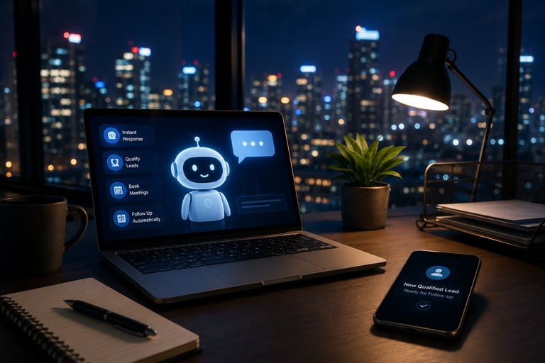 Modern workspace at night with laptop displaying chatbot interface, smartphone, desk lamp, notebook, and city skyline view through windows
