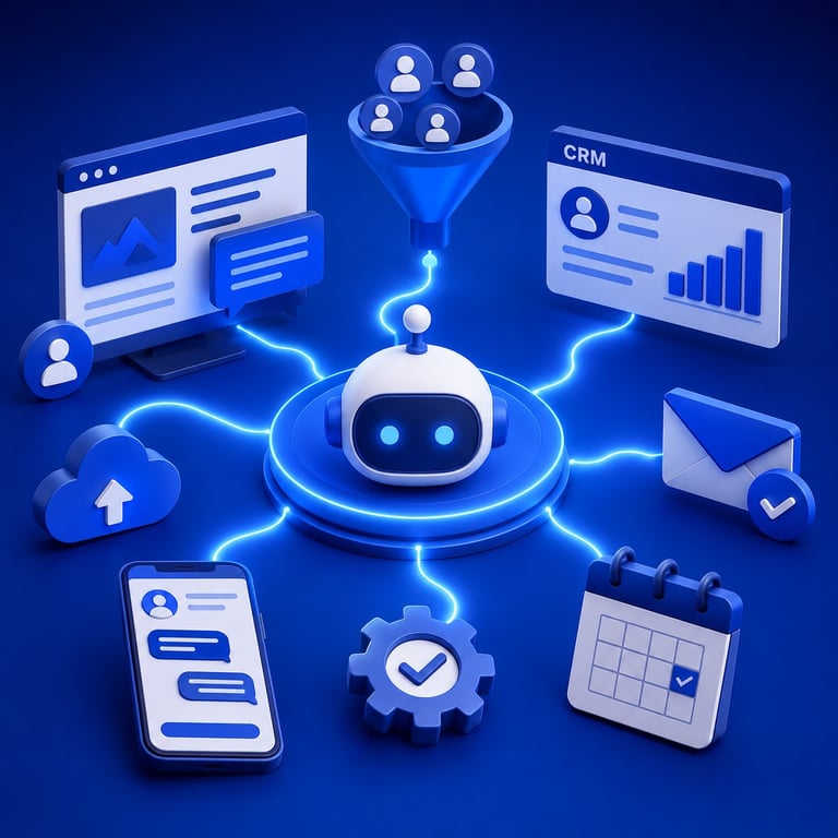 AI robot connected to business software icons including CRM, email, calendar, and analytics on blue background with glowing connections