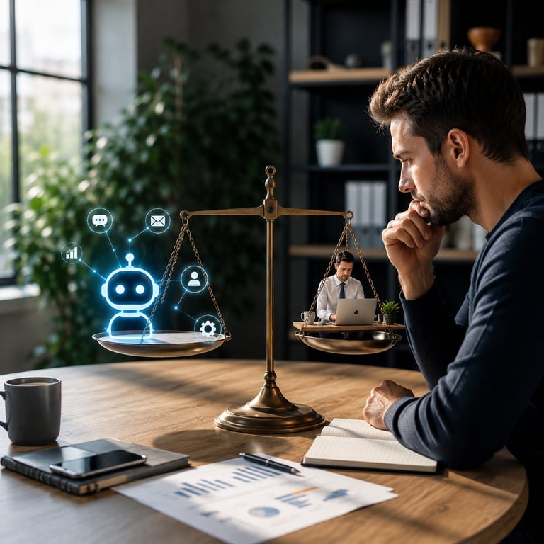 Man pondering at desk with balance scale showing AI technology icons and human figure, representing ethics and decision-making