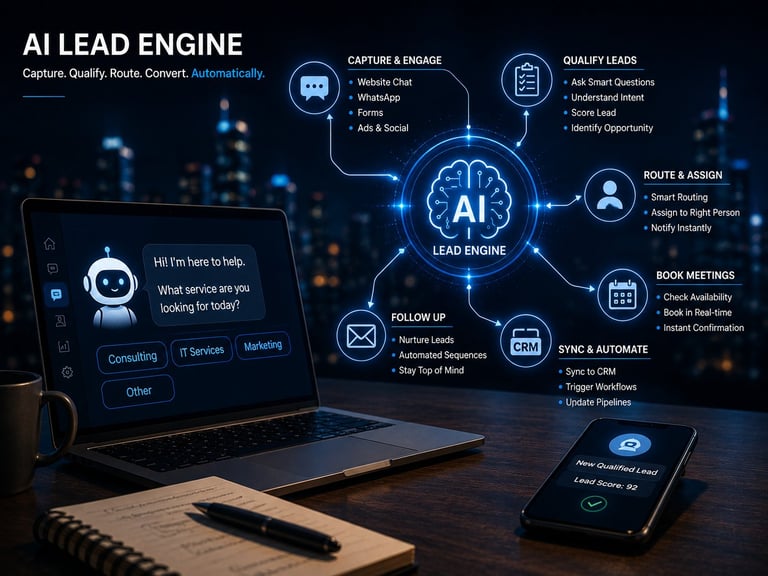 AI Lead Engine interface showing workflow diagram with brain icon, connected modules for lead capture, qualification, routing, and automation displayed on laptop and smartphone