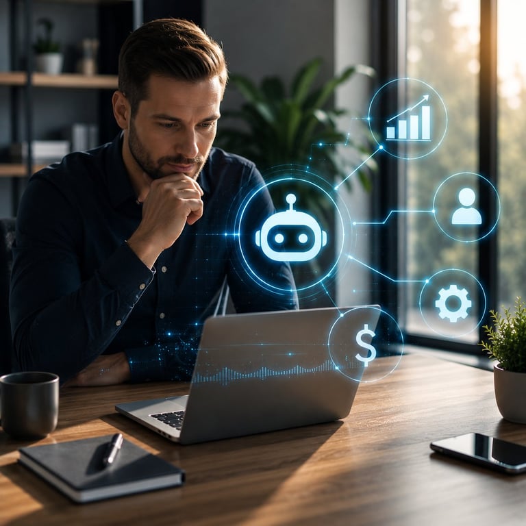 Man at desk with laptop and digital AI icons including robot, charts, and user symbols floating above the screen