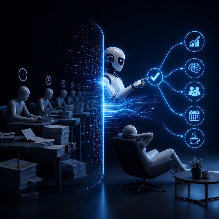 AI robot interacting with humans, displaying glowing workflow icons including charts, analytics, team, calendar, and communication symbols in futuristic digital environment